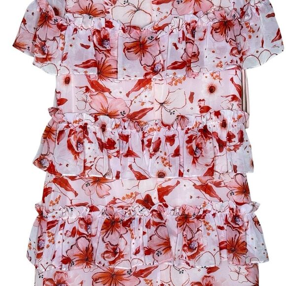 Badgley Mischka Pink Short Sleeve Tiered Floral Mini Runway Dress Size 10 Ruffle - Picture 8 of 13